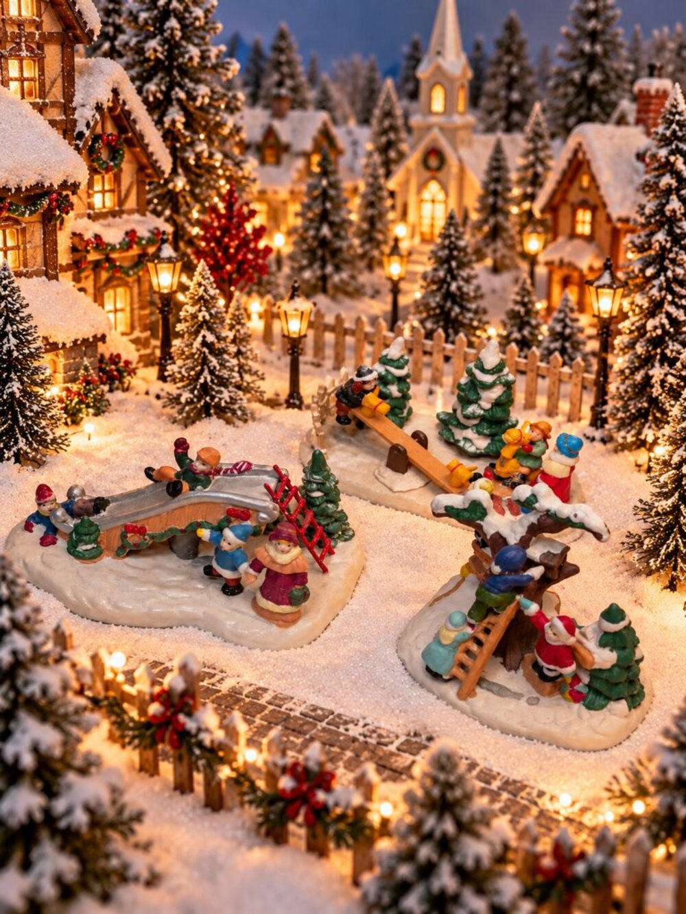 Vintage 3-Piece Christmas Village Winter Fun Figurine Set Slide Seesaw Tree
